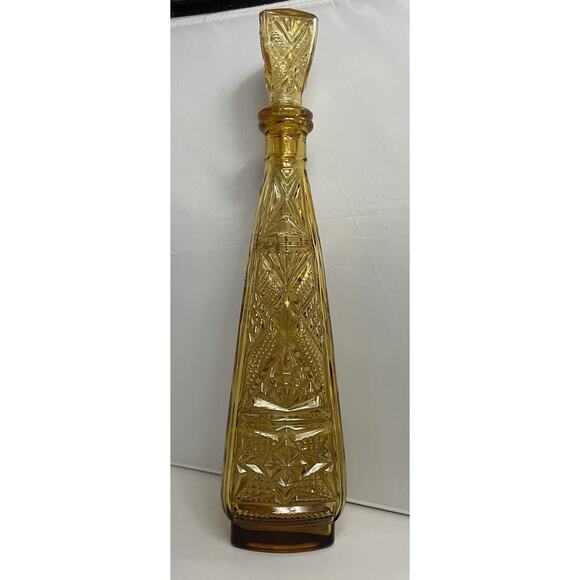 Vintage Empoli Triangle‎ Tiki Amber Genie Bottle Decanter MCM With Stopper - Picture 1 of 8